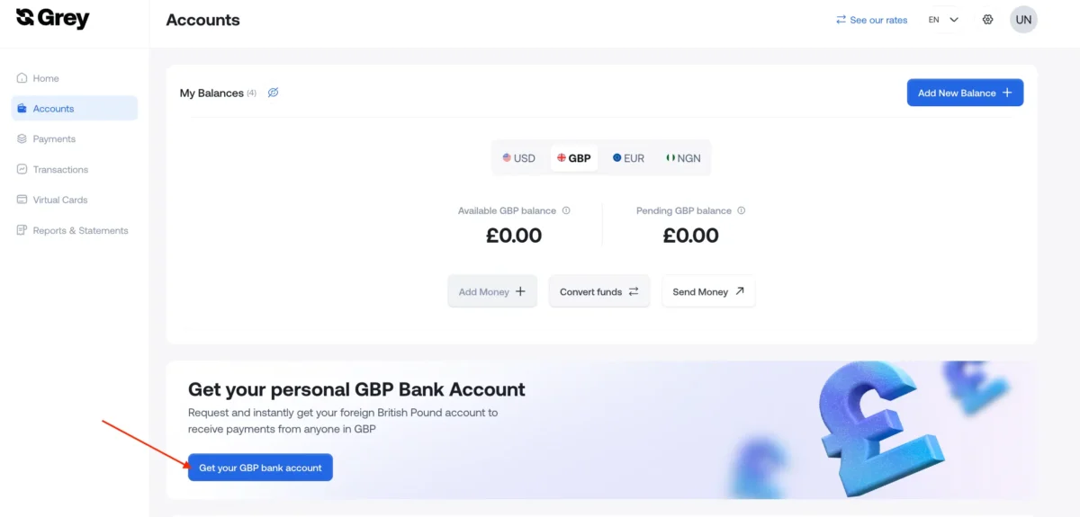 Create a Bank Account on Grey - get account
