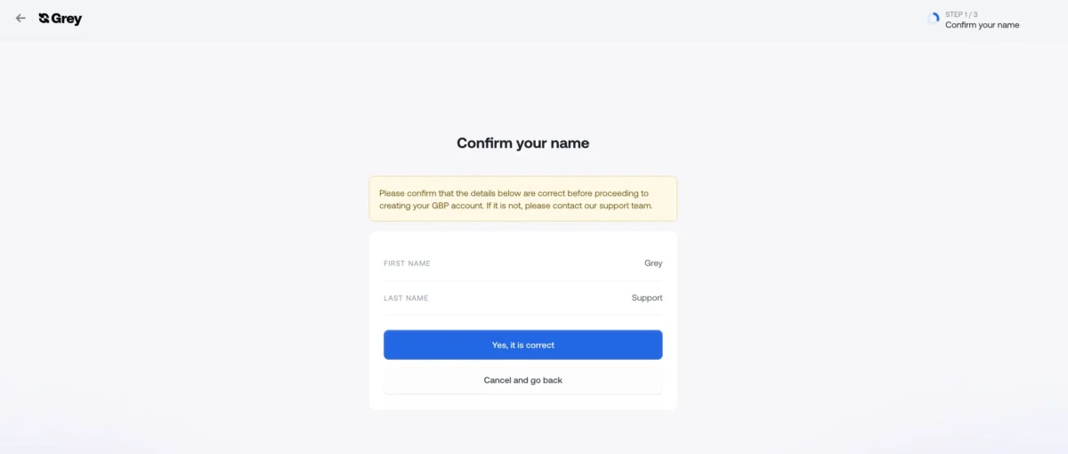 Create a Bank Account on Grey - confirm your name on grey