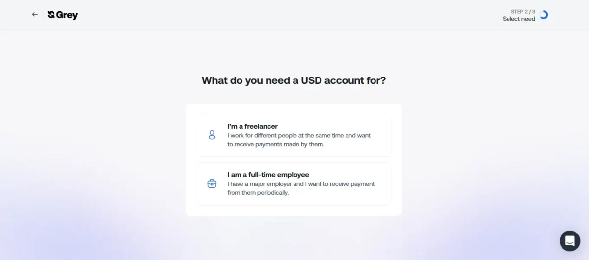 Create a Bank Account on Grey - select a reason for the account